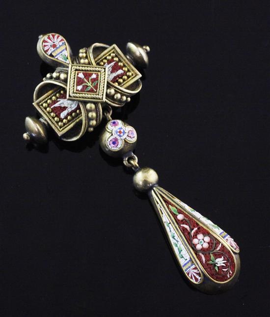 A Victorian gold and micro mosaic drop pendant, 2.25in.